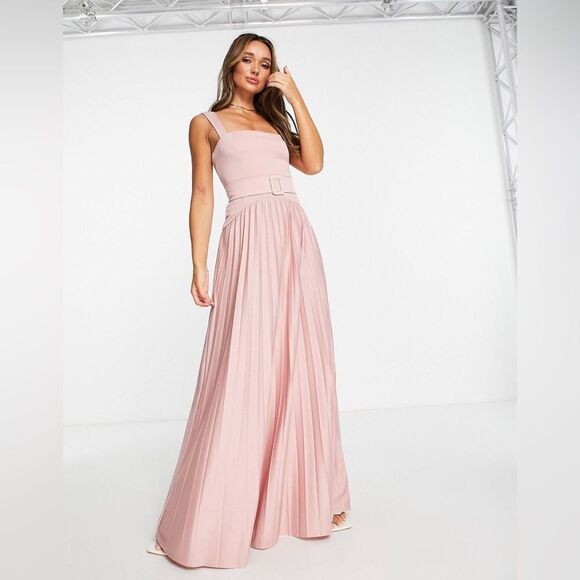 ASOS DESIGN square neck belted pleated maxi dress in rose - PINK Size 4 - Picture 10 of 10